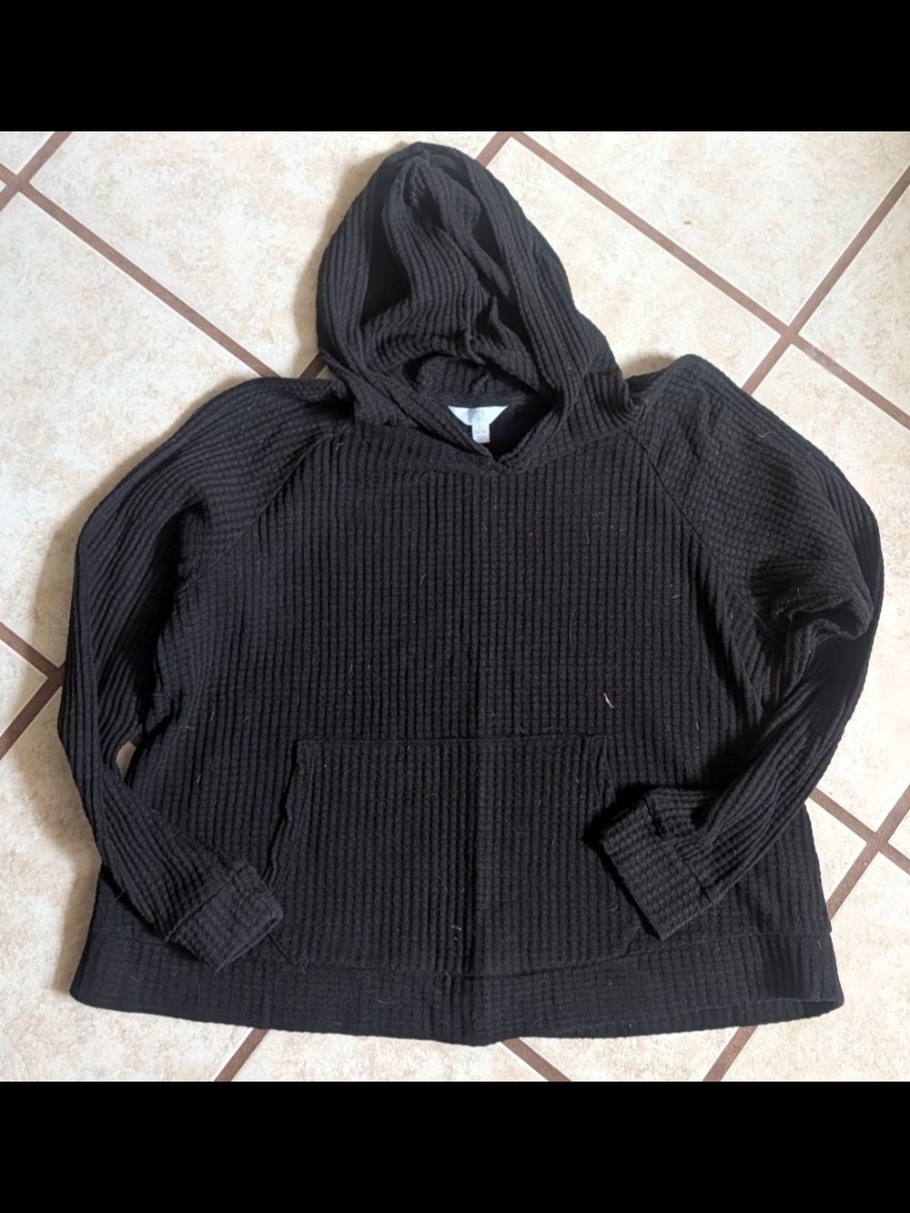 Black Waffle Knit Hooded Pullover